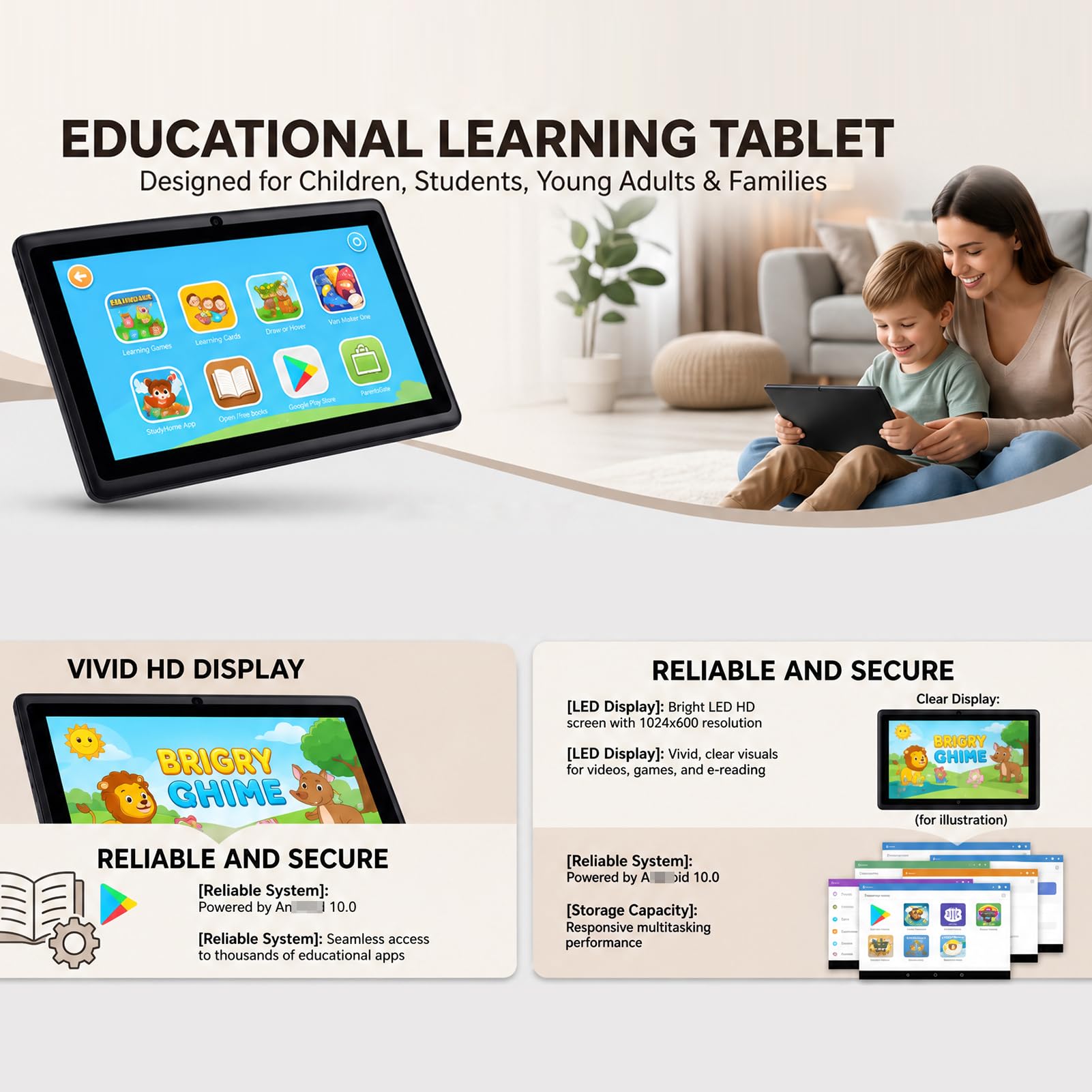Tosuny Tablet per Bambini da 7 Pollici, 1 GB di RAM 16 GB di Spazio di Archiviazione, Schermo LED HD 1024x600, 10.0, Fotocamera Anteriore da 2 MP Posteriore da 5 MP, Batte (Black)
