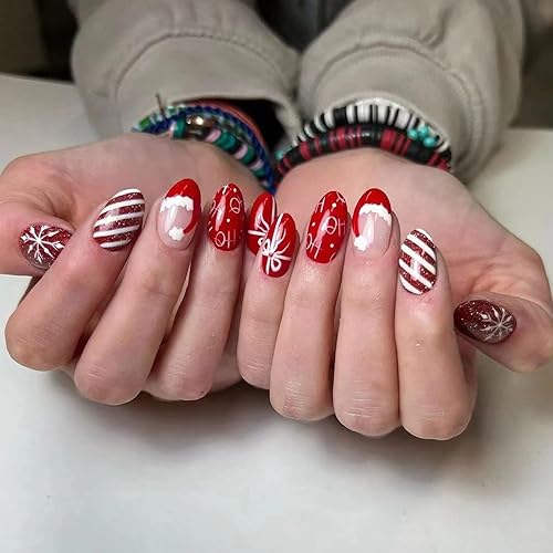 Christmas Short Press On French Almond Red Glitter Bow Snow