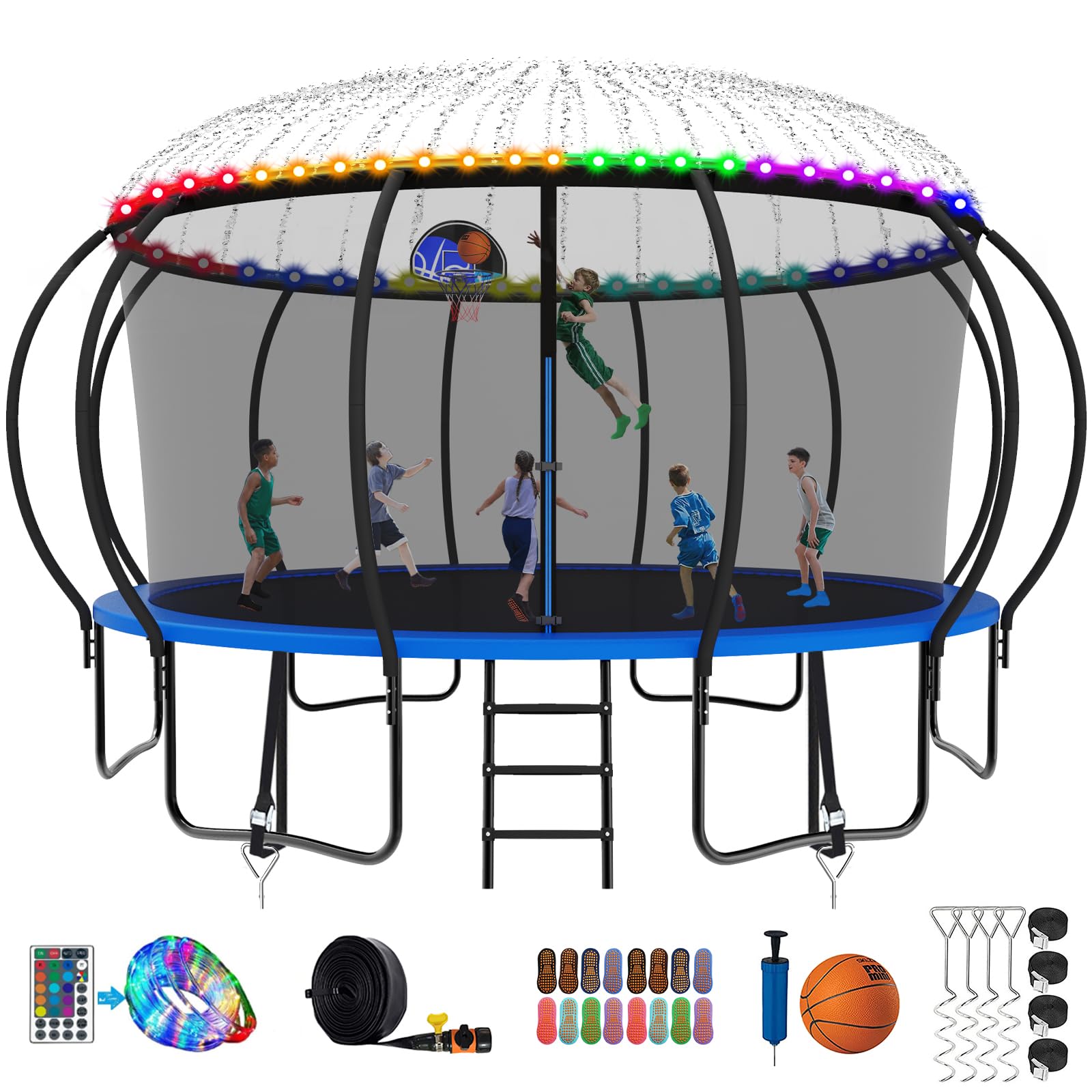 SKYUP 2026 Upgraded 8 10 12 14 15 16 FT 1500lbs Tranpoline for Kids and Adults with Light+Sprinkler+Socks, Recreational Tranpoline with Basketball
