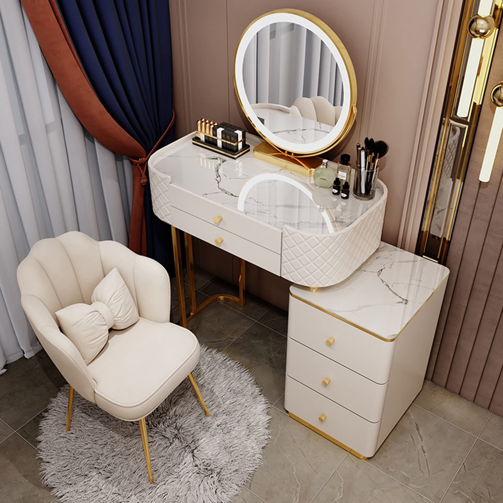 asdchZen Modern Makeup Vanity Set With Adjustable 3-Color Lighting, Cushioned Stool & Storage Drawers, Stylish Dressing Table For Bedroom-White, 80Cm/31.4In,White B-80cm/31.4in