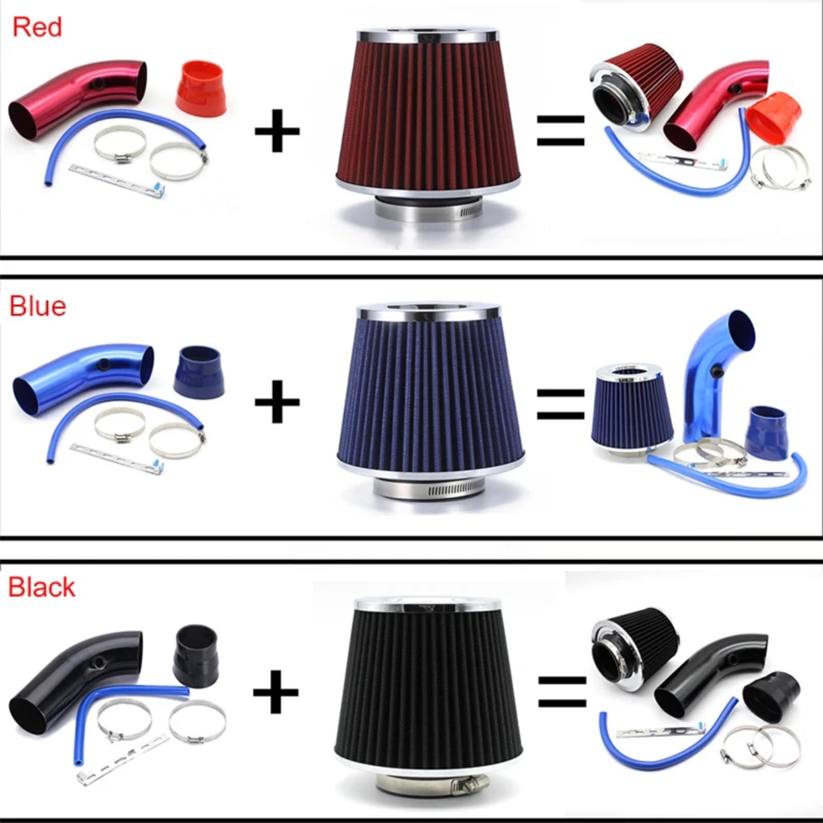 HILLAR Tubo De Admisión De Aire Kit Filtro Entrada Aire Frío Alto Flujo Universal 76mm Tubo Cabeza Seta Apto Rendimiento Turbo Coche(Negro)
