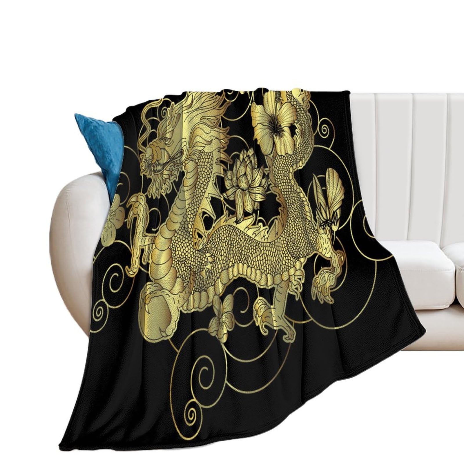 Couverture polaire dragon d'or contre le froid pour canapé et lit salon