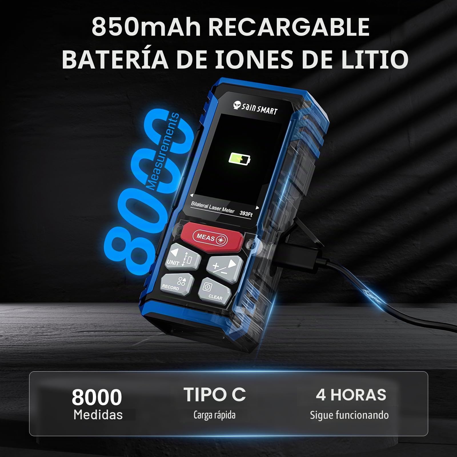 Medidor láser Doble SainSmart, medidor de Distancia Bilateral de 120 m con Pantalla LCD retroiluminada, medidor láser Recargable, Sensor de Longitud, área, Volumen y ángulo