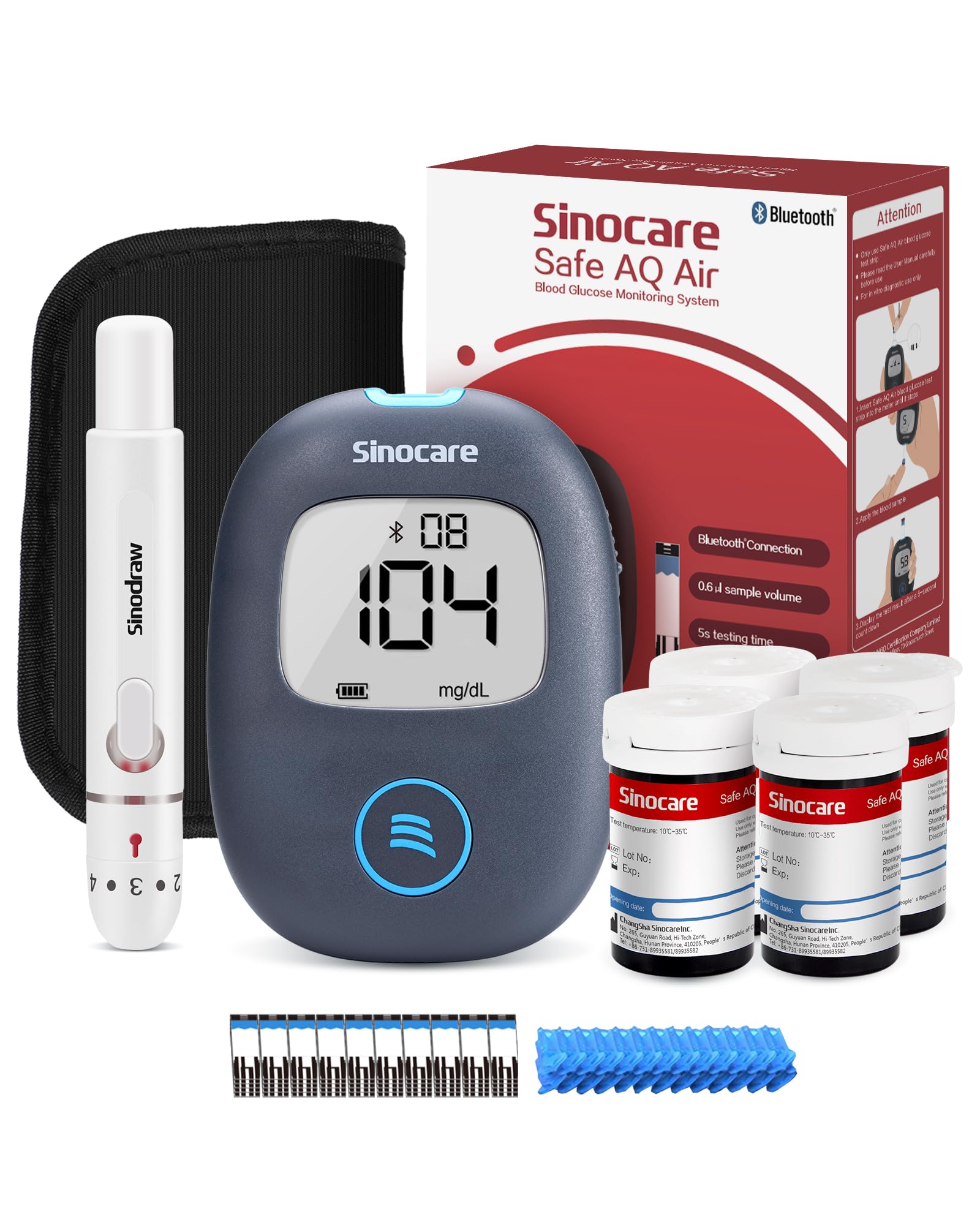 Sinocare Safe AQ Air Blutzuckermessgerät, einfaches und großartiges Blutzuckertest-Set mit Bluetooth und App, mit 100 Teststreifen und Lanzetten, in mg/dl