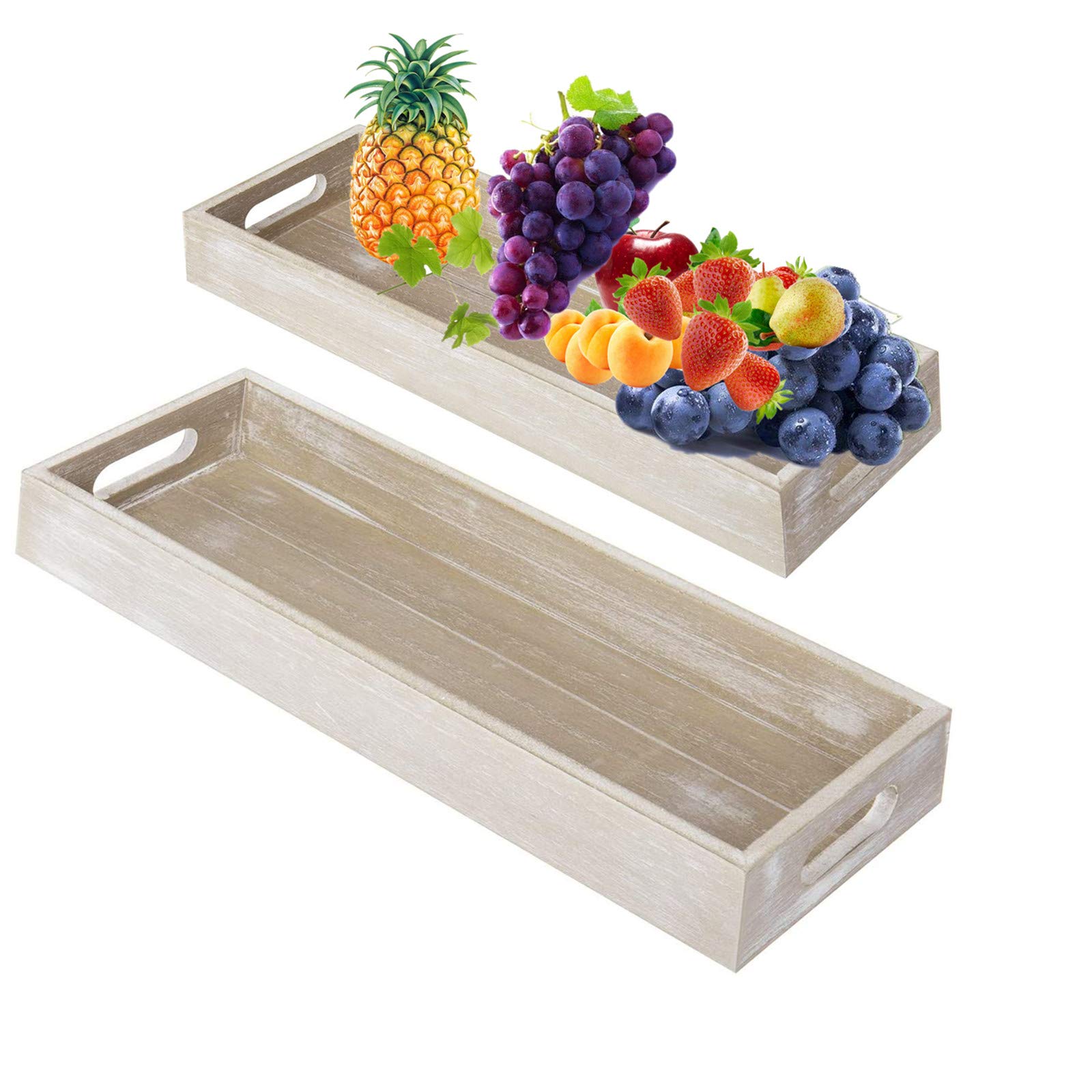 Rustic Wood Decorative Serving Trays Succulents Serving Trays Decorative Display Tray Set with Cutout Handles Pack of 2