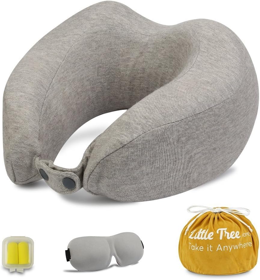 1Easylife Travel Pillow, Little Tree Memory Foam Neck Support Pillow with Sleep Mask, Earplugs, Carry Bag and Removable Cotton Cover (Grey)