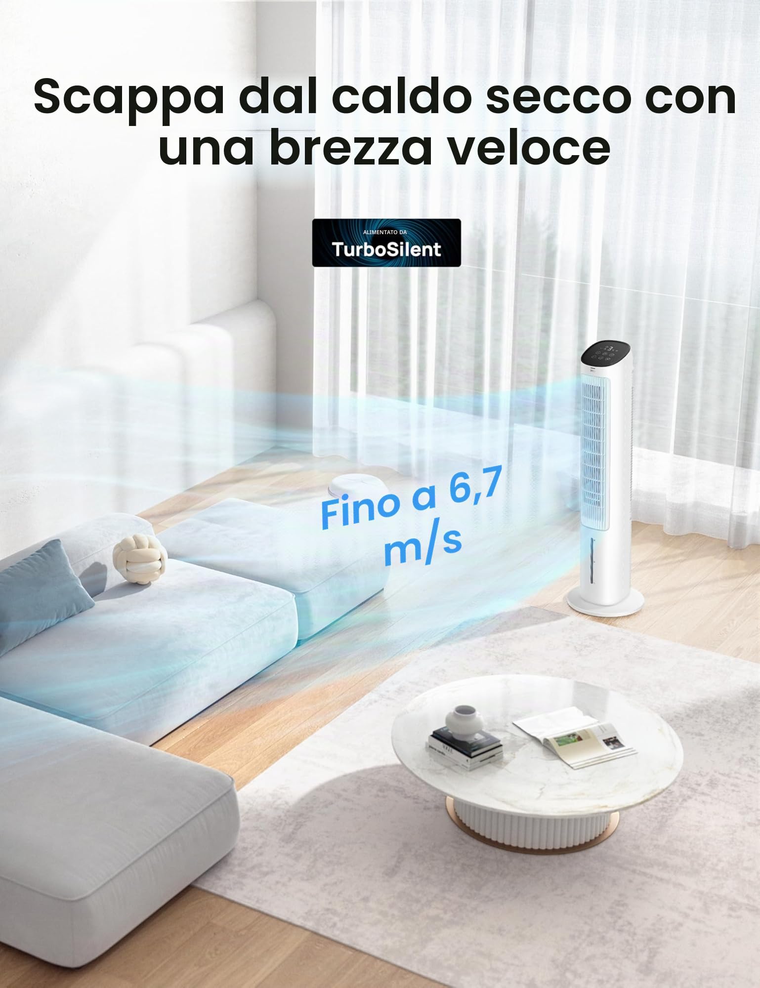 Dreo Ventilatore a torre con raffreddamento silenzioso, ventilatore con raffreddamento ad acqua, 40 pollici, refrigeratore evaporativo con funzione girevole a 80°, 3 modalità, 4 velocità, telecomando