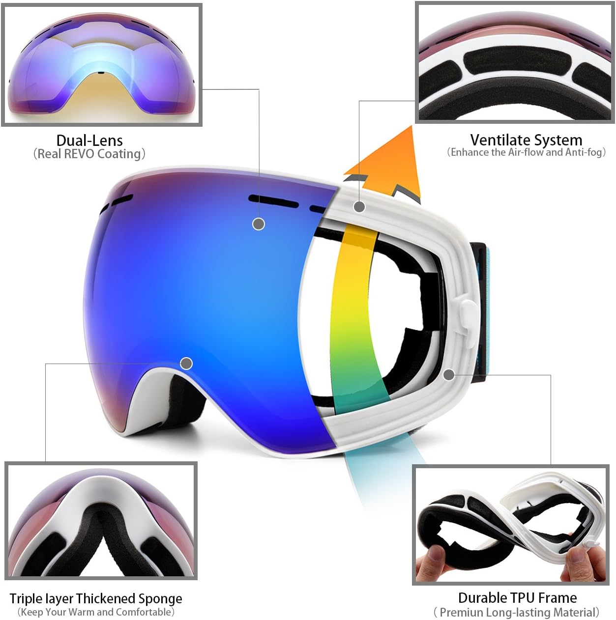 Juli Ski Goggles,Winter Snow Sports Snowboard Goggles with Anti-Fog Lens BNC - Image 4