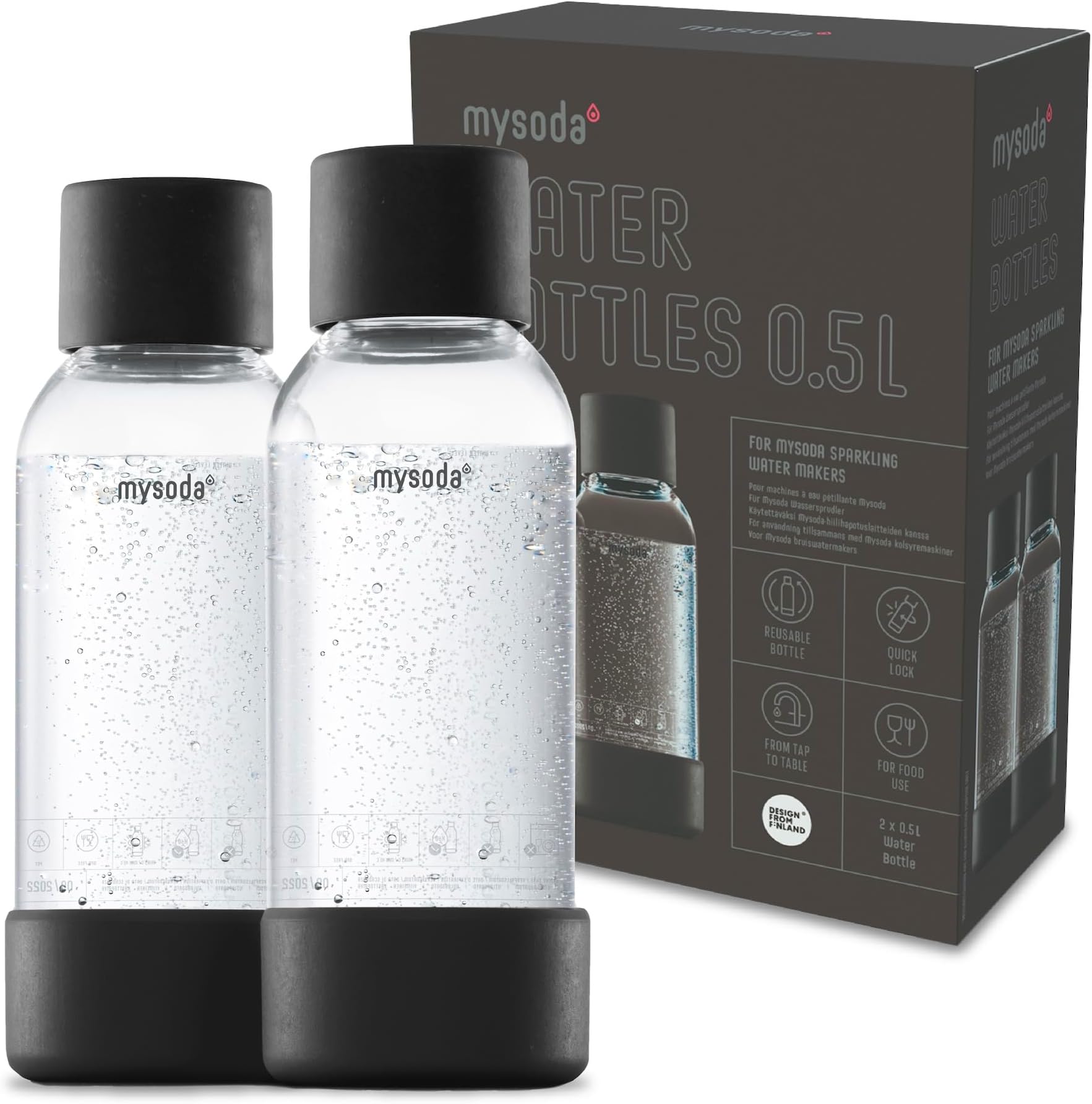 Premium Carbonating Bottles 2pack 0.5L - Our Carbonated Water Bottle is Compatible, any brands, Quick-Lock Reusable Bottles, Lid and Base Made of Stainless Steel, BPA Free - Black