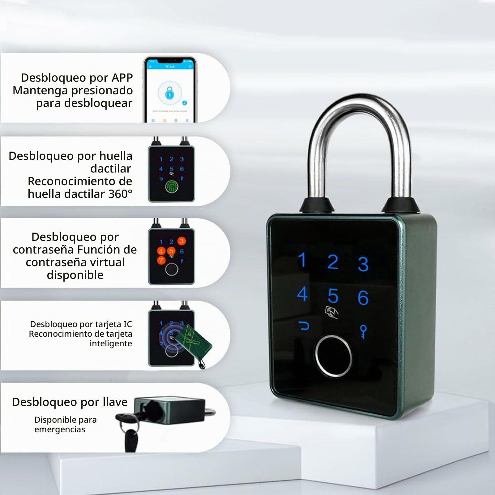 Candado de huellas dactilares, candado de contraseña, candado inteligente resistente con biométrico sin llave con APP desbloquear para gimnasio, taquilla, puertas (TT LOCK APP)
