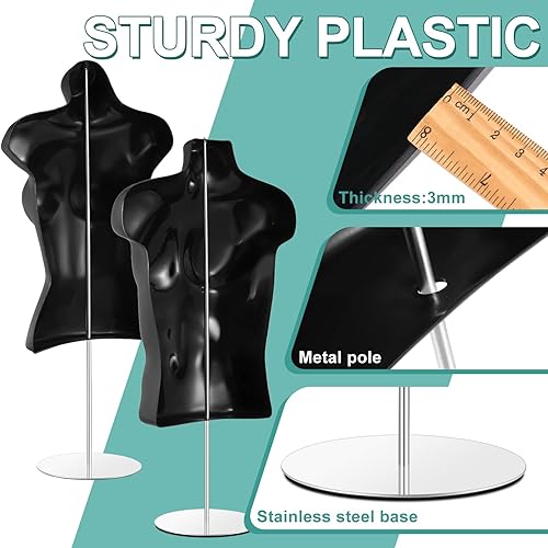 Miniatura 3 de Torso de maniquí masculino y femenino con soporte de vestido negro, maniquí con espalda hueca, conjunto de torso de cuerpo medio para exhibición de