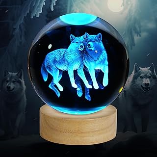 3D Wolf Crystal Ball Night Light - 3.15 Inch Glass Lamp With 16 Color LED Wooden Base, Statue Decor for Birthday, Holiday, Christmas Gifts