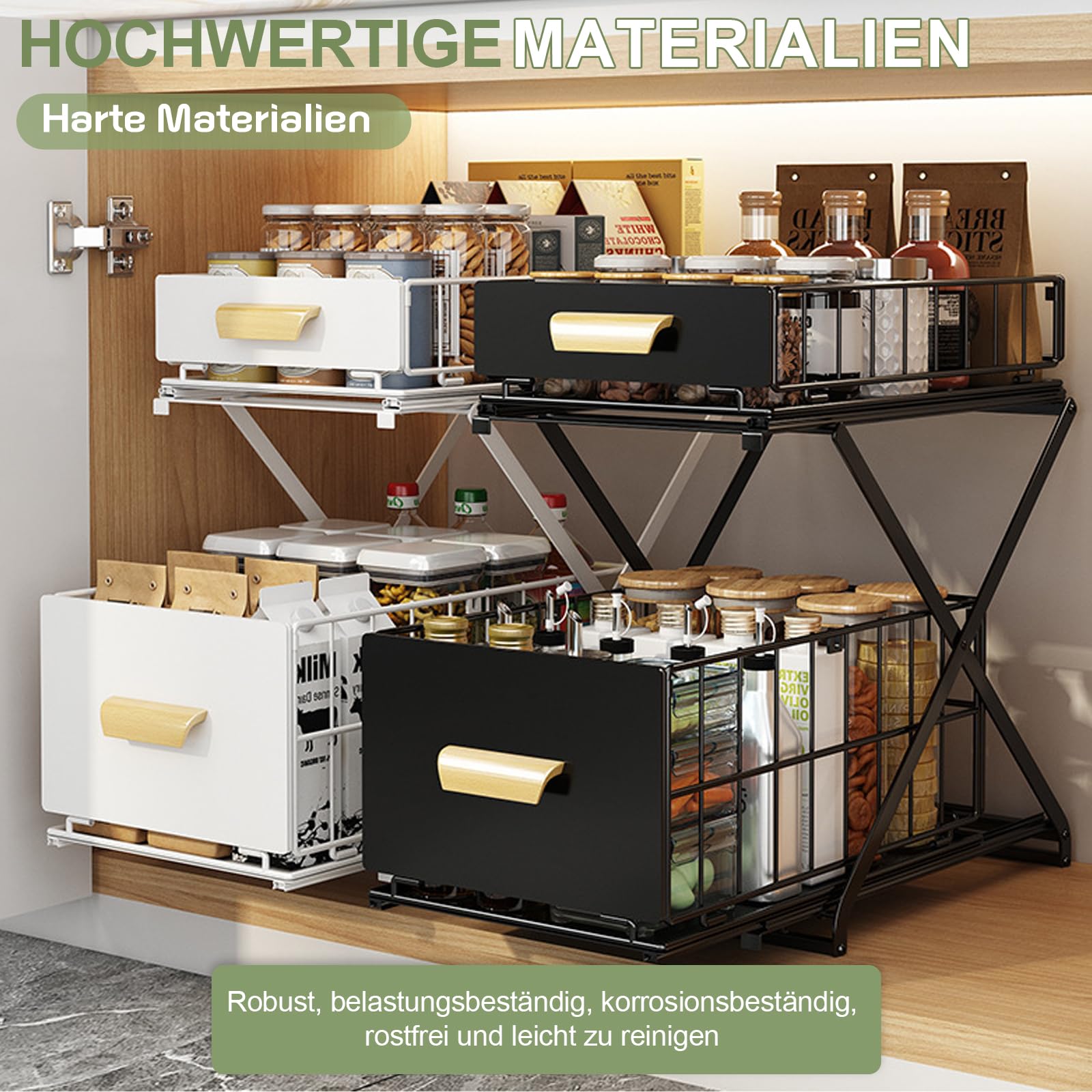 Gewürzregal, 2 Etagen Standregal Küche Arbeitsplatte Regal Organizer 40x26x39cm Ausziehbarer Organizer ohne Montage Stauraum für Gewürze & Flaschen（Schwarz）