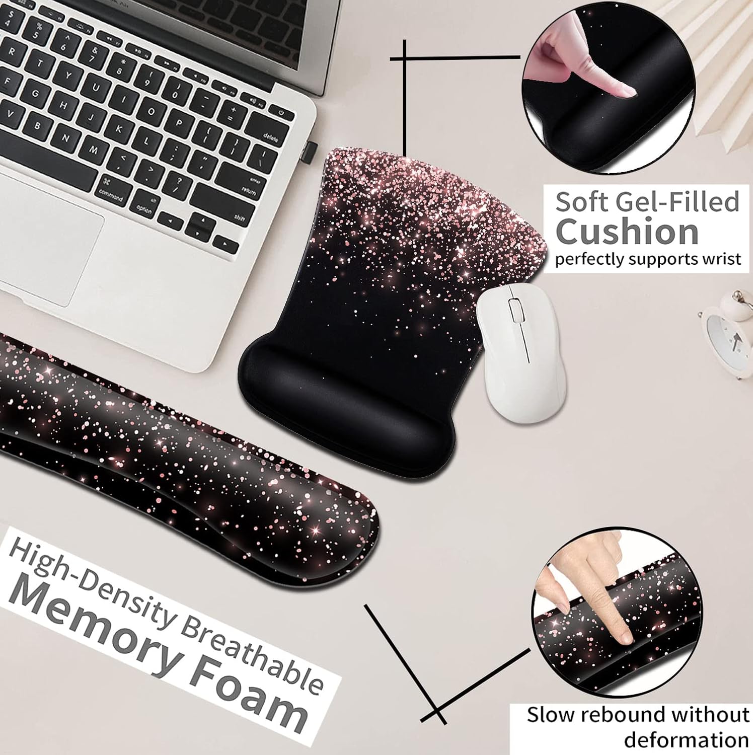 Rose Gold Glitter Mouse Pad with Wrist Support - Ergonomic Gel & Soft Memory Foam Keyboard Rest, Suitable for Office Typing & Gaming, Dirt-Resistant