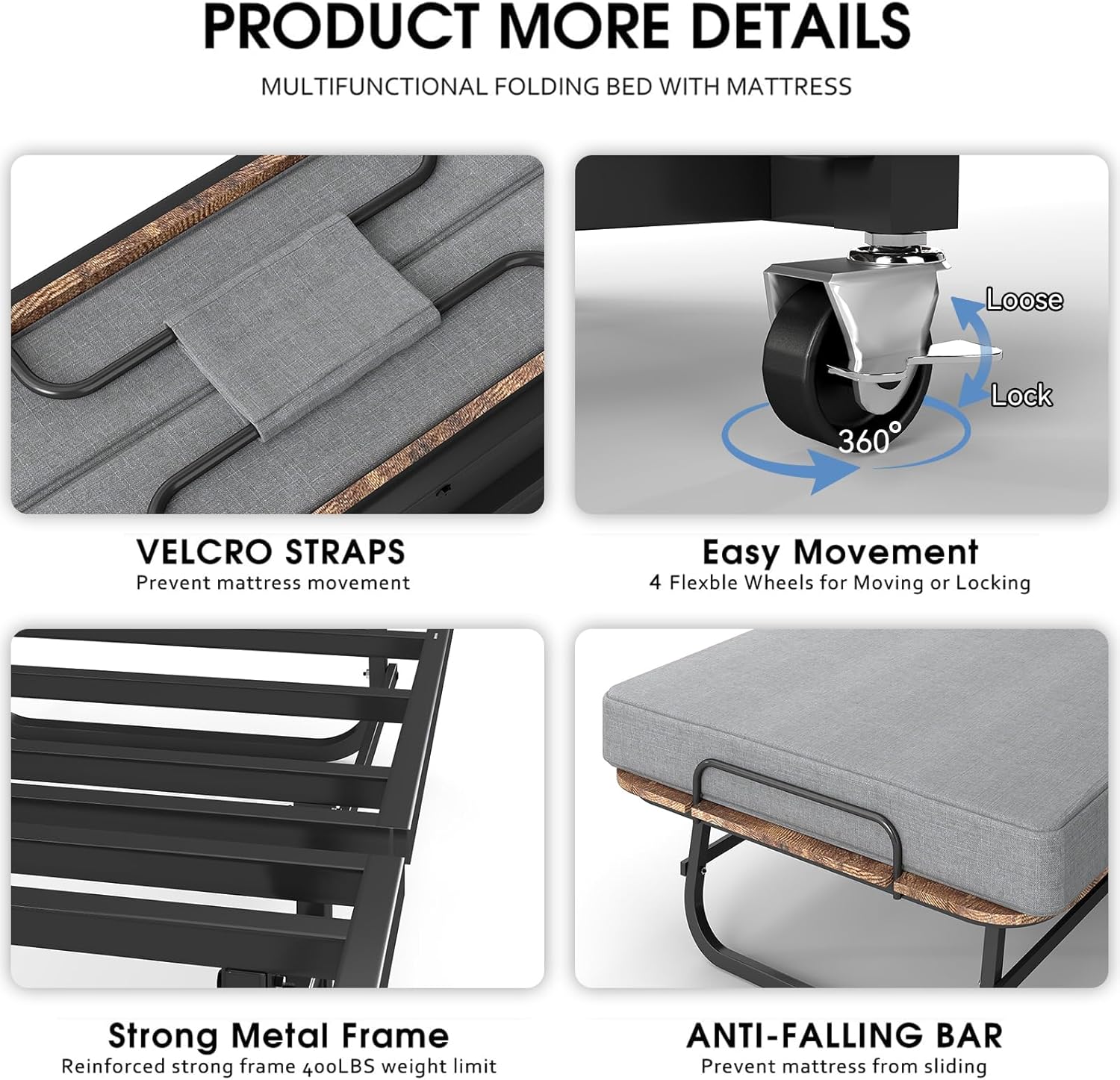 Folding Bed with Mattress, Portable Foldable Bed on Wheels for Adults, Memory Foam Mattress and Metal Frame, Space Saving Roll Away Beds for Easy Storage, 75