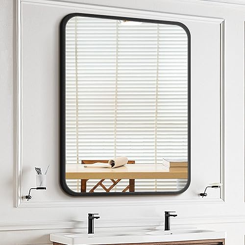 DNBSS 23.6"x31.5" Wall Mounted Mirrors for Bathroom Bedroom, Rectangle Rounded Corner Mirror with Metal Frame Modern Vertical or Horizontal Hanging Decorative Wall Mirrors,Black