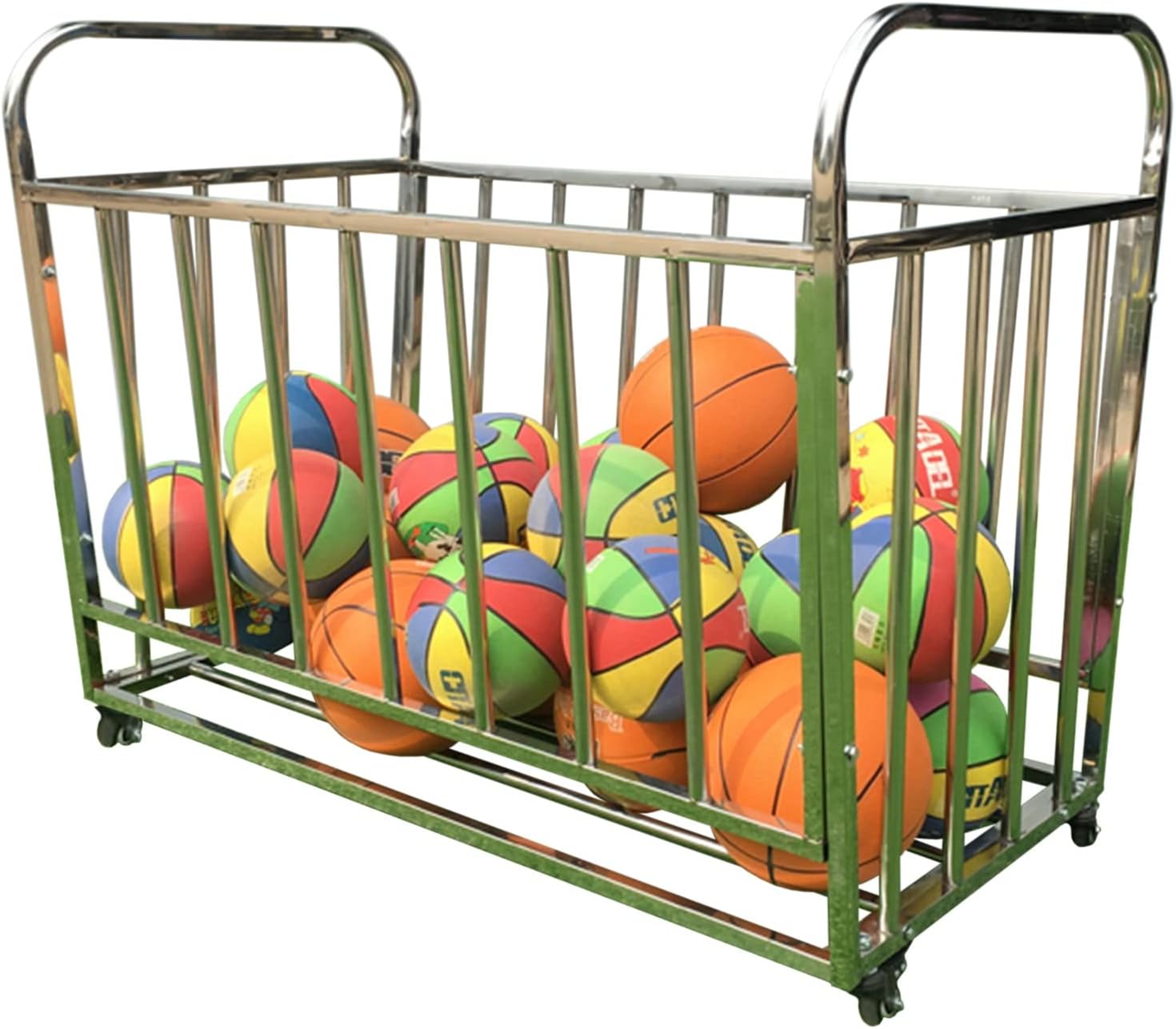 Home Gym Organizer Rack Ball Storage Cart on Wheels, Large Ball Storage Bin for Garage Indoor Outdoor, Sports Equipment Trolley for Boy/Girl Gift, Stainless Steel ()