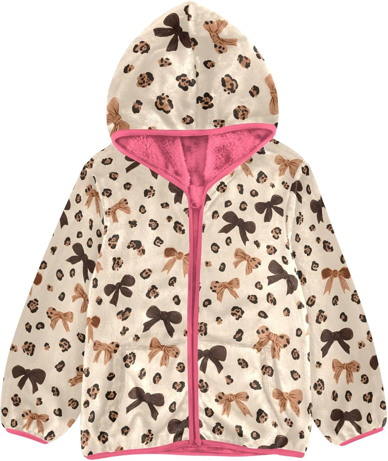 Girls Hoodie Outfit Brown Leopard Print Bow Pattern Zipper Sweatshirt Coat Fleece Jacket for Kids 3-10T