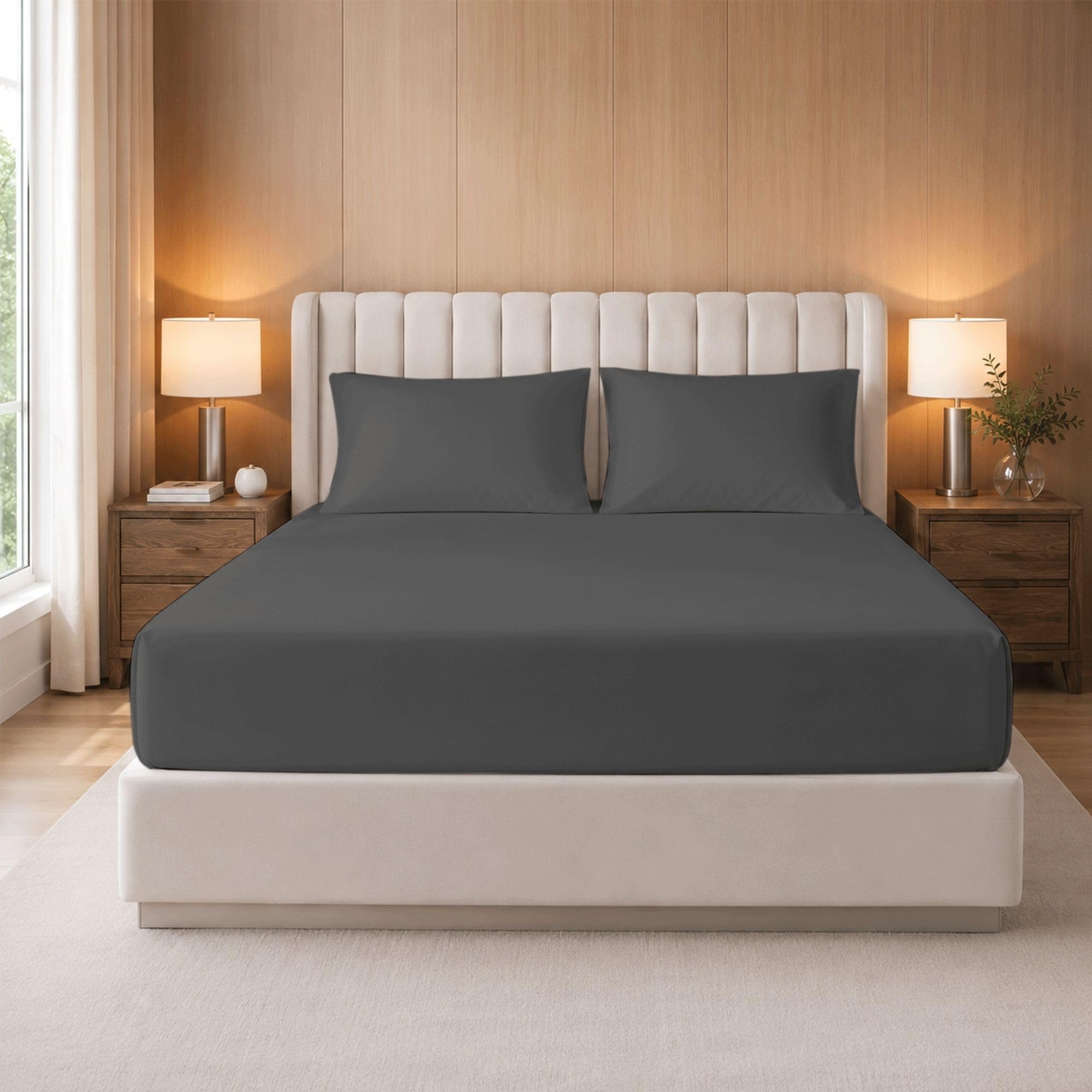 Bloombedding Grey 3Pc Extra Deep 35Cm Pocket 100% Egyptian Cotton Fitted Sheet King Size Set & 2 Pillow Case, 400 Thread Count, Luxury Bedding Cover