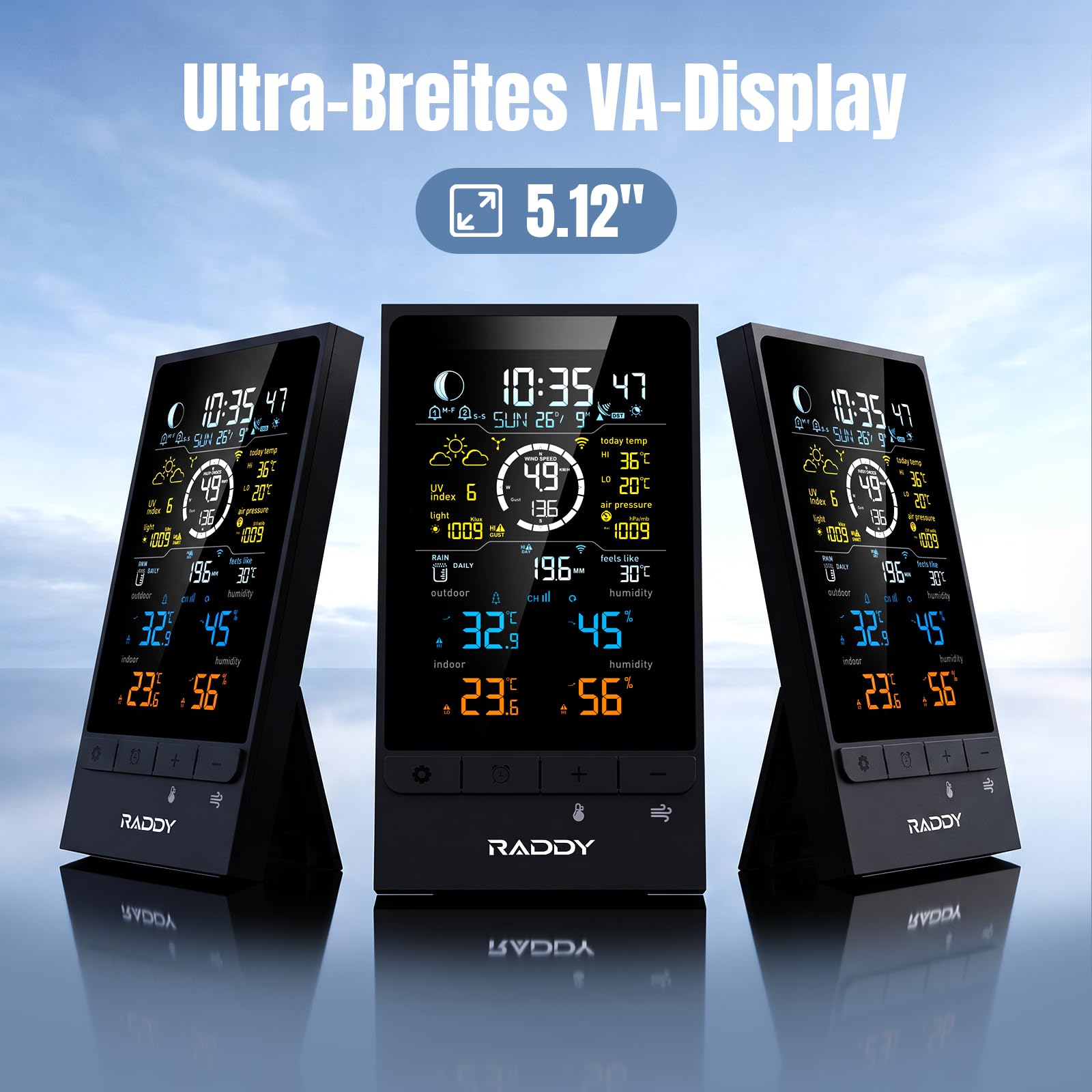 Raddy UV7 Profi 12-in-1 Funk-Wetterstation Innen Außen mit Außensensor
