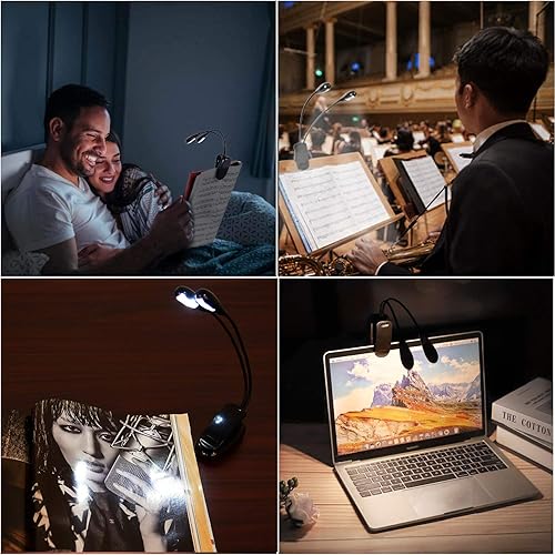 Miniatura 6 de Luz de soporte de música, paquete de 1/2/4/10 luces LED de libro, funciona con batería USB y AAA, lámpara de lectura en la cama, 4 niveles