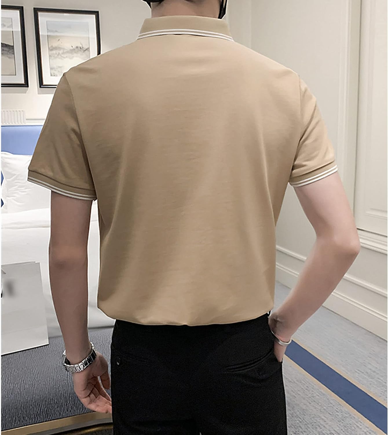 Men's Polo Casual Classic Fit Shirts Slim Striped Short Sleeve Lapel T-Shirt Breathable Lightweight Golf Shirts