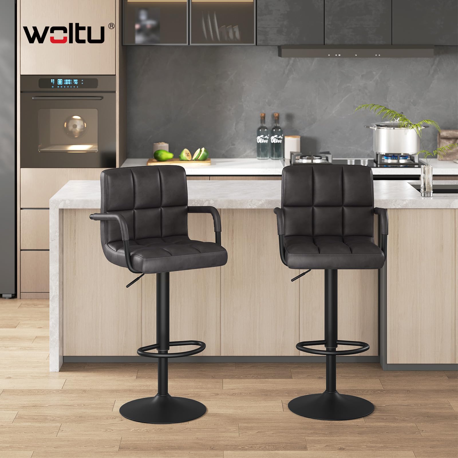 WOLTU Coppia Sgabelli da Bar, Sgabello Cucina con Schienale Braccioli, Altezza Regolabile, Sedia Girevole per Isola Cucina, Ristorante, Pelle sintetica Vintage, Antracite