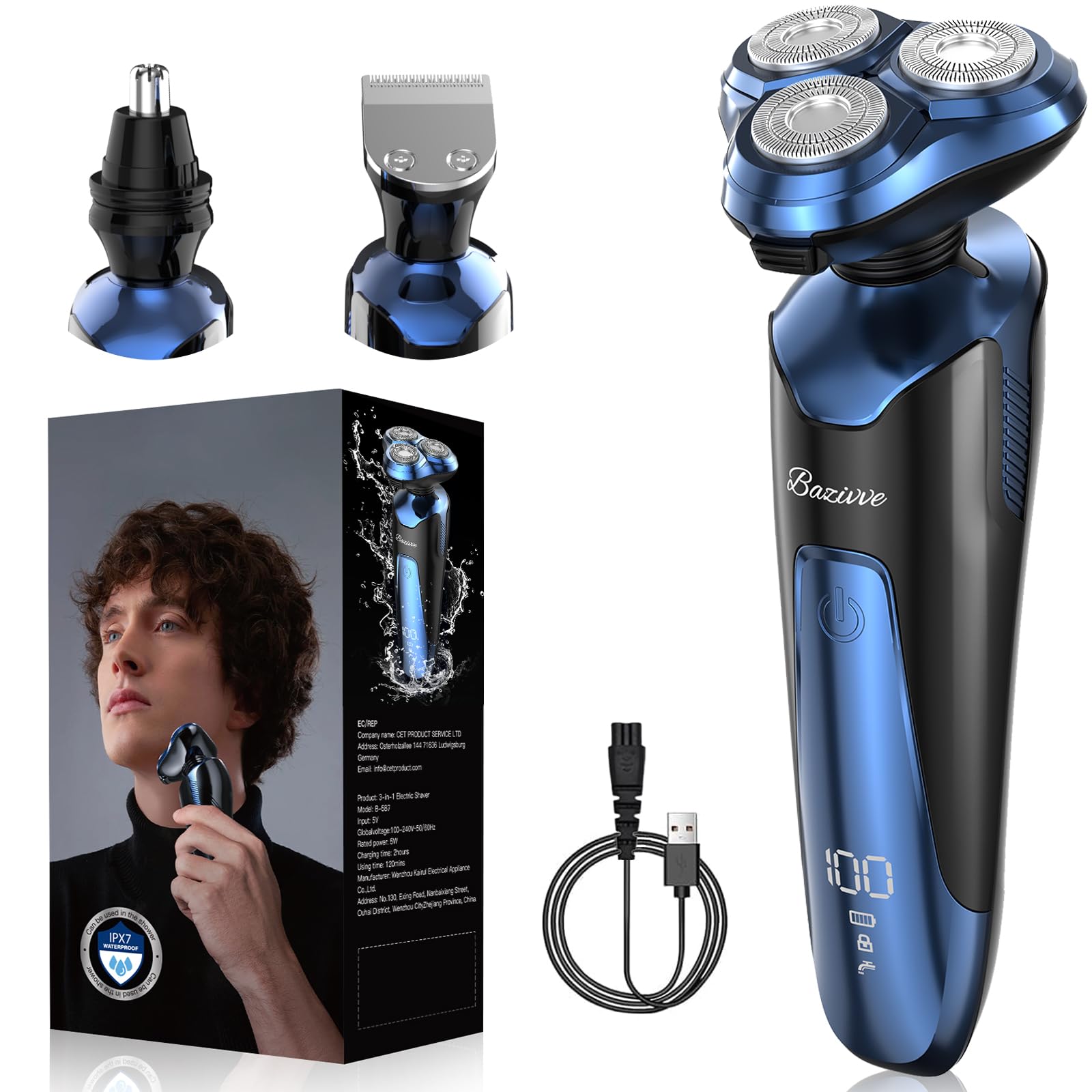 Electric Razor for Men, Bazivve 3 in 1 Electric Shavers, Cordless IPX7 Waterproof Rotary Shaver, USB Rechargeable Wet/Dry Shaving with LCD Display, 120Mins Longer Using Time, Portable Safety Lock