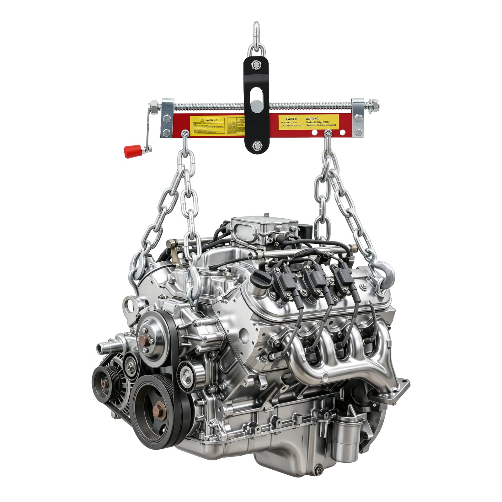 Dispositivo di bilanciamento motore 900 kg, con 4 catene e ganci di sicurezza, manovella | Compensatore di carico per gru motore in acciaio al carbonio, per una regolazione precisa in officina