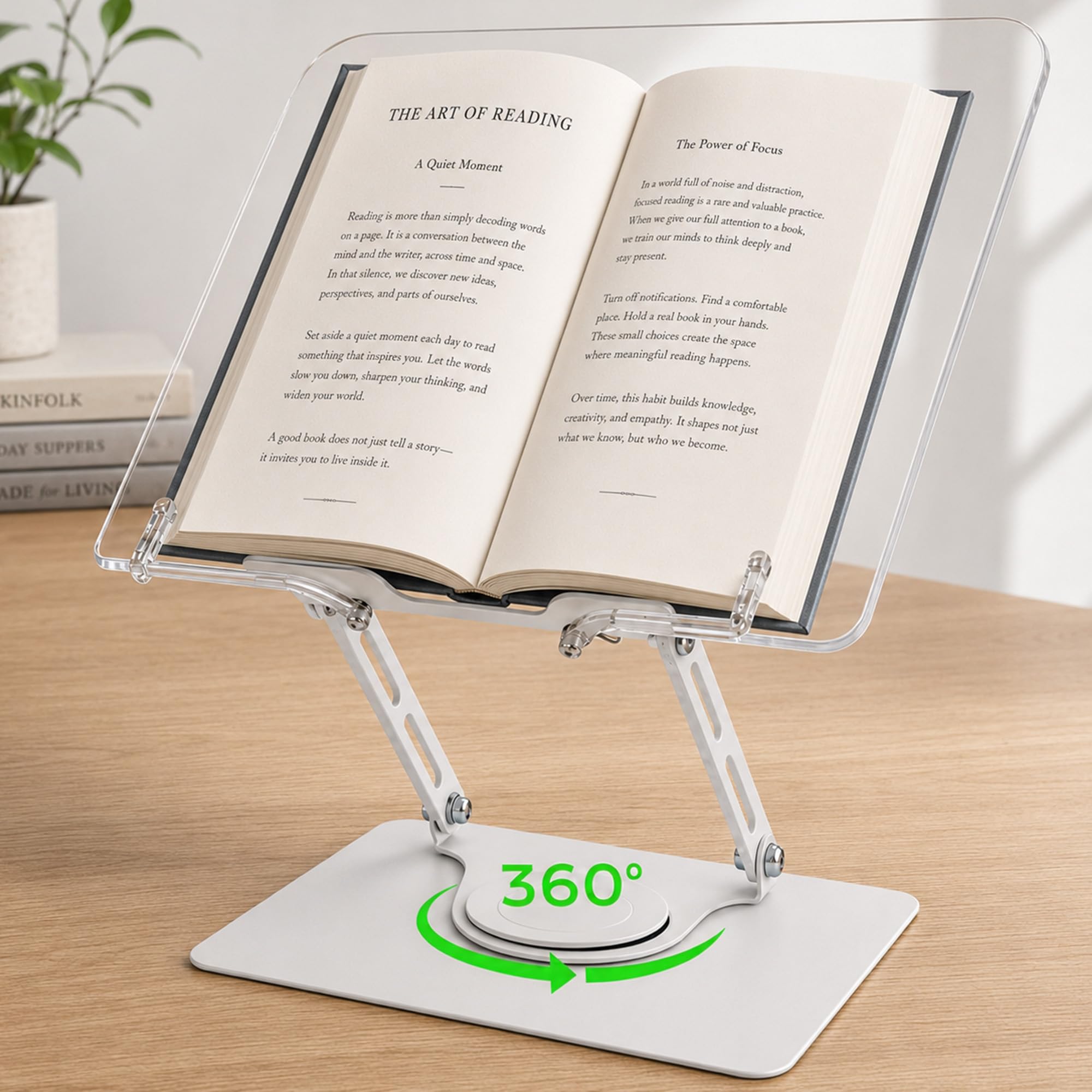 Akrylowy stojak na książki, obracany o 360 stopni, ze stabilną podstawą ze stopu aluminium i ramieniem z regulacją wysokości, stojak na książki i przepisy kulinarne