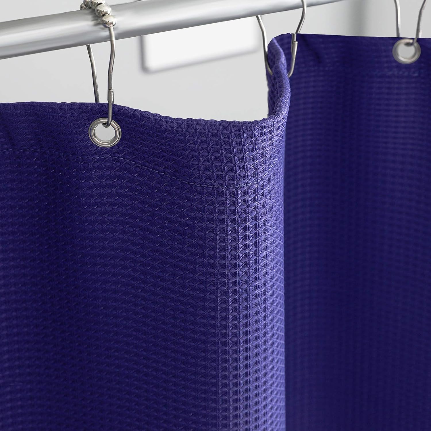 Whale Flotilla Luxury Hotel Collection Waffle Weave Navy Shower Curtain Set, 230GSM Heavy Duty Fabric Shower Curtain with 12 Metal Roller Hooks, Waterproof and Machine Washable - 72" W x 84" H
