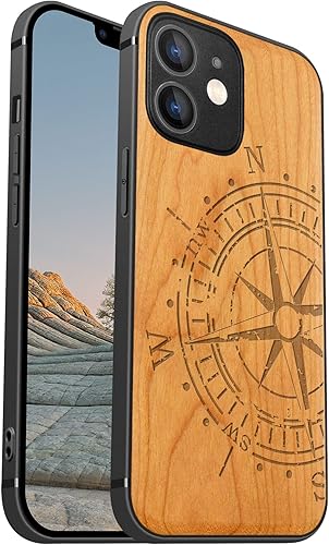 Miniatura 10 de Carveit Funda magnética de madera para iPhone 12 madera natural y TPU suave negro a prueba de golpes, funda protectora única y elegante de madera