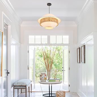 24 Boho Chandelier Hand Woven Rattan Off White Fabric Pendant Light Adjustable Coastal Pendant Lighting Fixtures for Dining Living Room Bedroom Kitchen, UL Listed