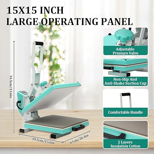 Miniatura 4 de Prensa de calor de 15 x 15 pulgadas, máquina de prensa profesional digital, calentamiento rápido, calidad industrial con presión ajustable, máquina