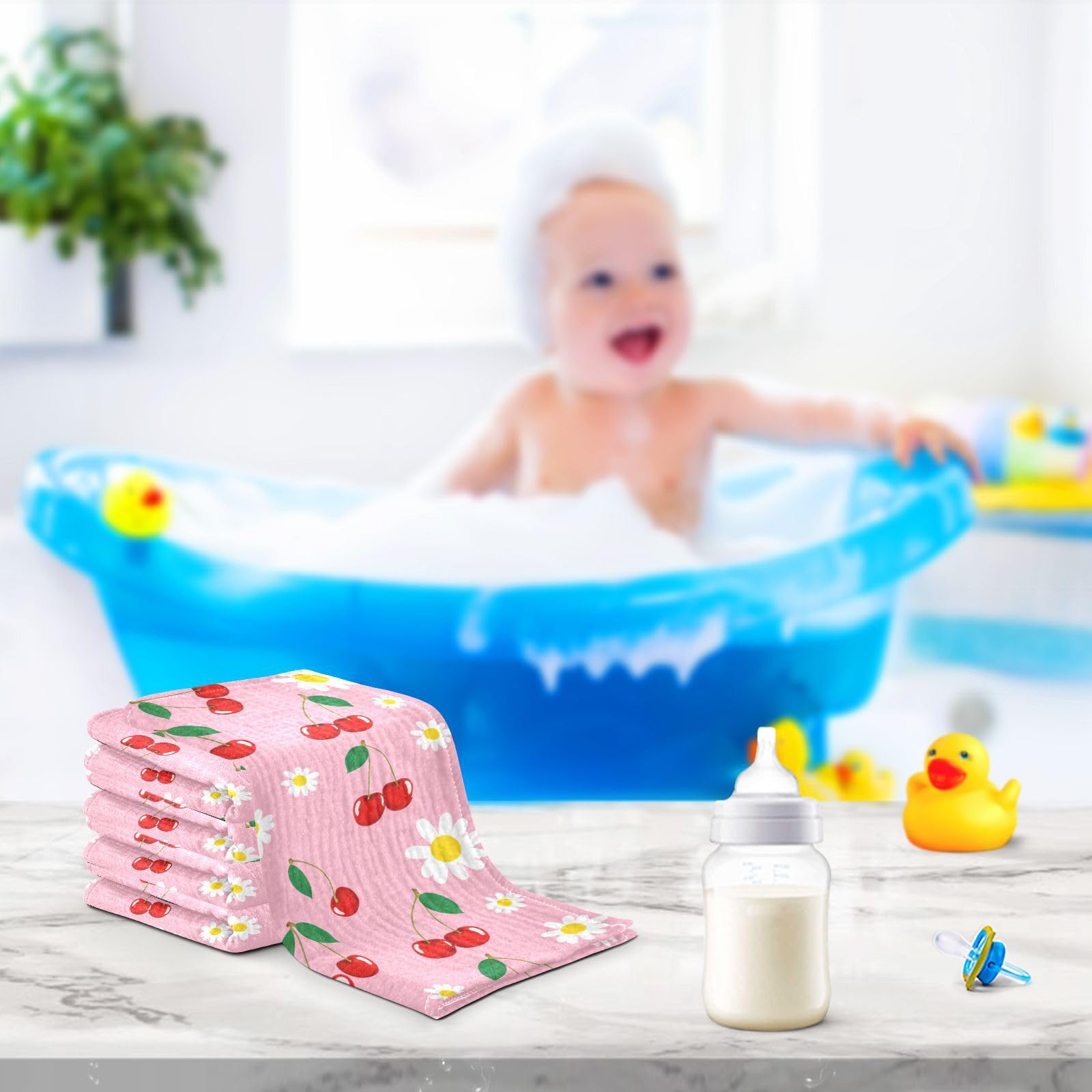 Nander 5Pack Baby Muslin Washcloths,Cherry Soft Face Cloths for Newborn, Absorbent Bath Wash Cloths, Wipes, Burp Rag,Toddlers Essentials Stuff, Baby Registry as Shower