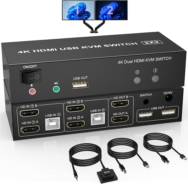 Dual Monitor HDMI KVM Switch 2 Port, 4K@60Hz Extended Display KVM Switch HDMI 2 in 2 Out with Audio Microphone Output and 3 USB Ports, PC Monitor Keyboard Mouse Switcher