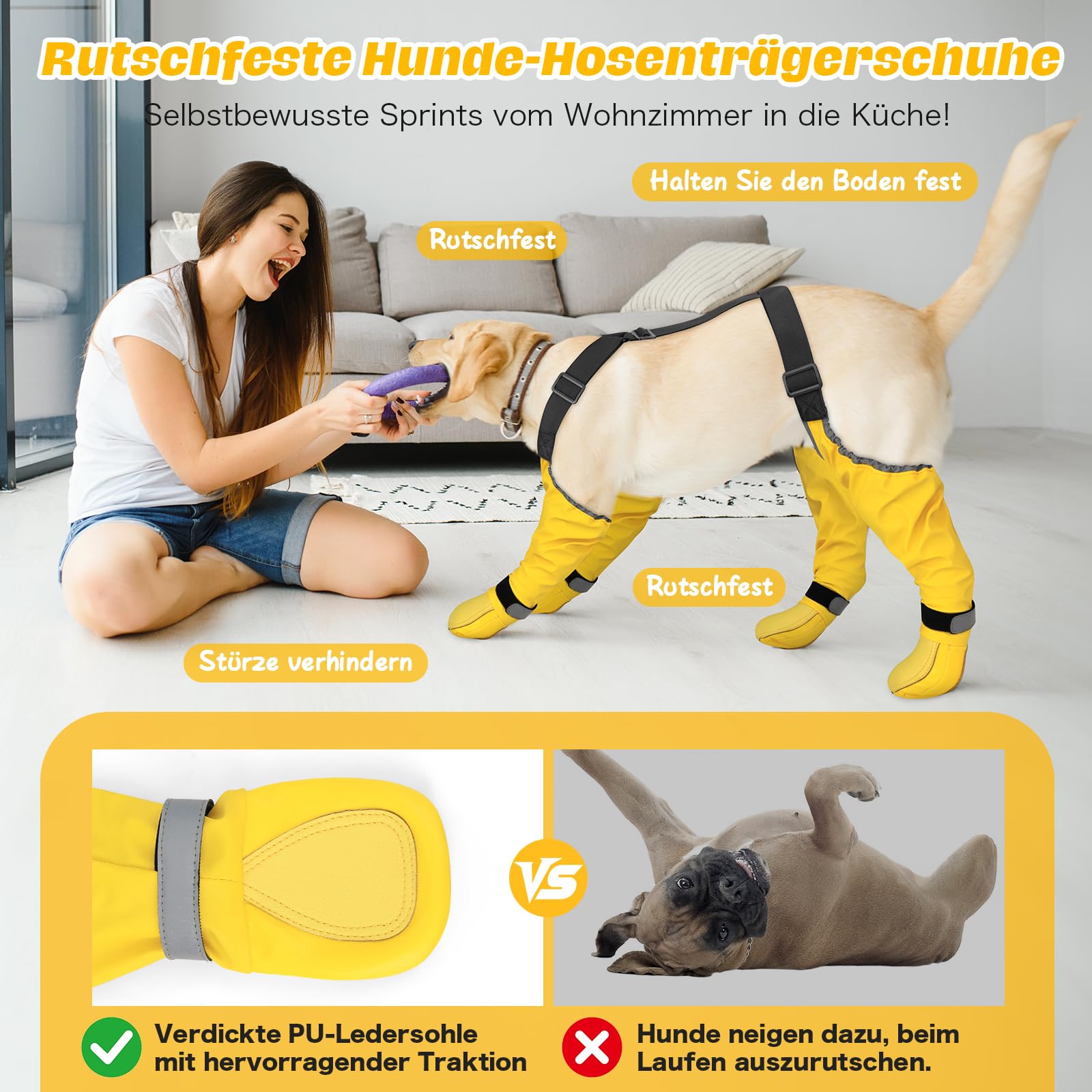 DQGHQME Hunde-Hosenträgerschuhe, Staub- und rutschfest, 6-Fach verstellbar, ideal für Parkett und Schnee, mit 360°-Reflektoren für die Pfoten