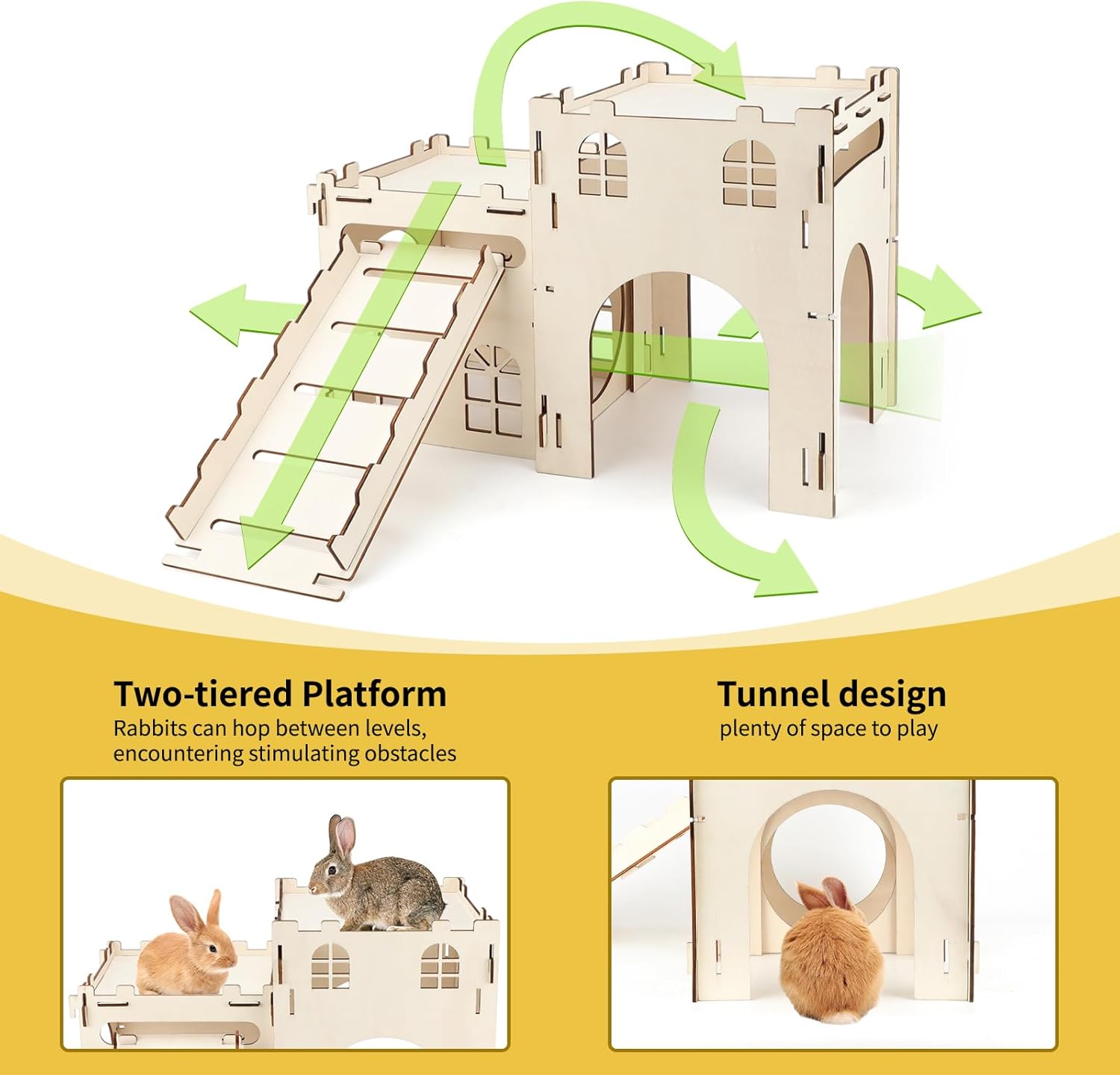 BWOGUE Extra Large Wooden Bunny Castle Hideout Split Balcony for Indoor Bunnies, Multistory Climbing Tower Hideout with Stairs, Ventilated Sturdy House for Rabbits Guinea Pigs and Chinchillas