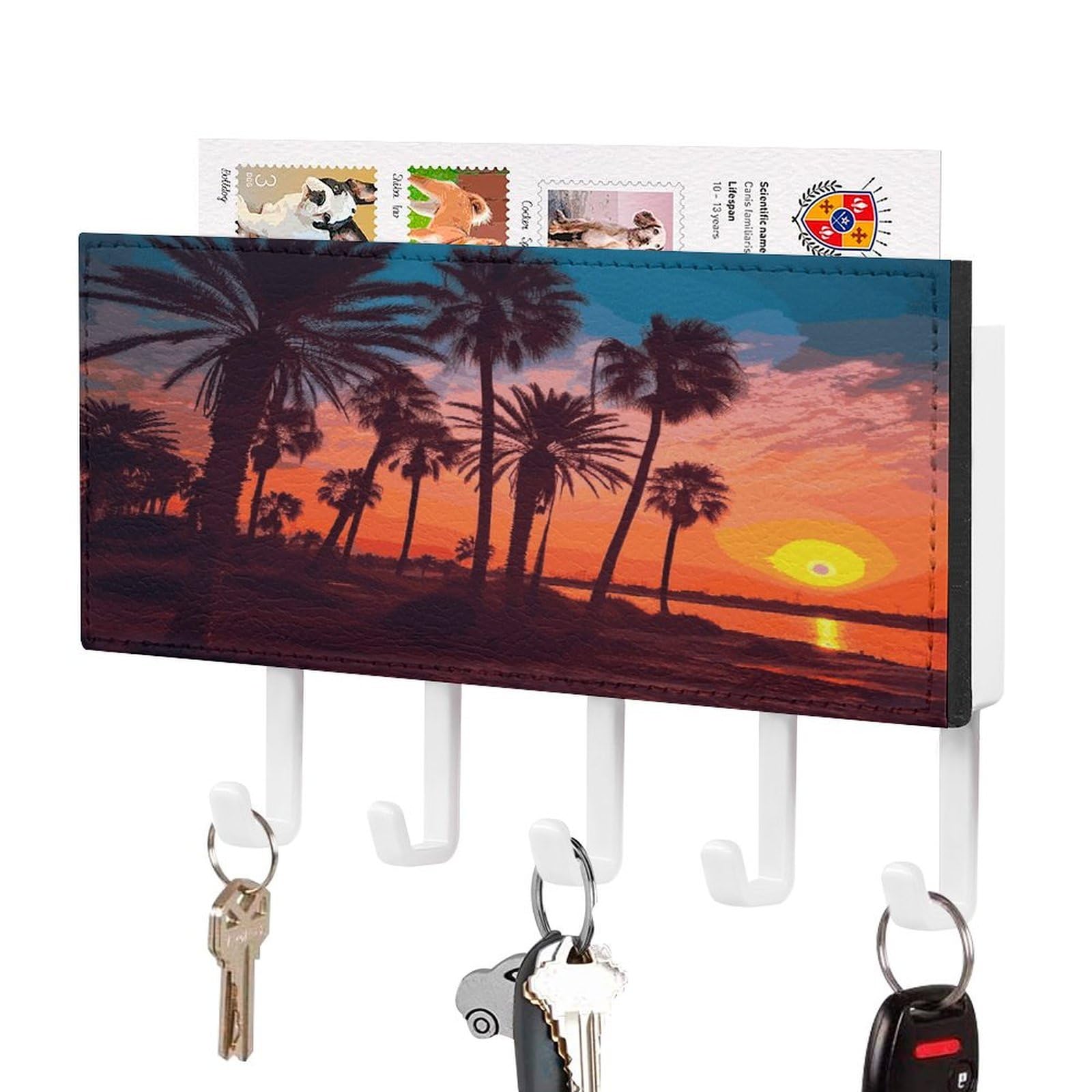 FekiLoot Palm Tree Sunset Key Holder for Wall Decorative Mail Organizer with 5 Key Hook Self Adhesive Key Rack with Tray Coat Rack Wall Mount Key Hanger Decor for Entryway Door