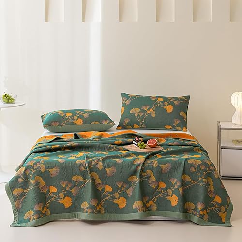 100% Cotton Jacquard Quilt Floral Ginkgo Leaves Print,Soft Muslin Bed
