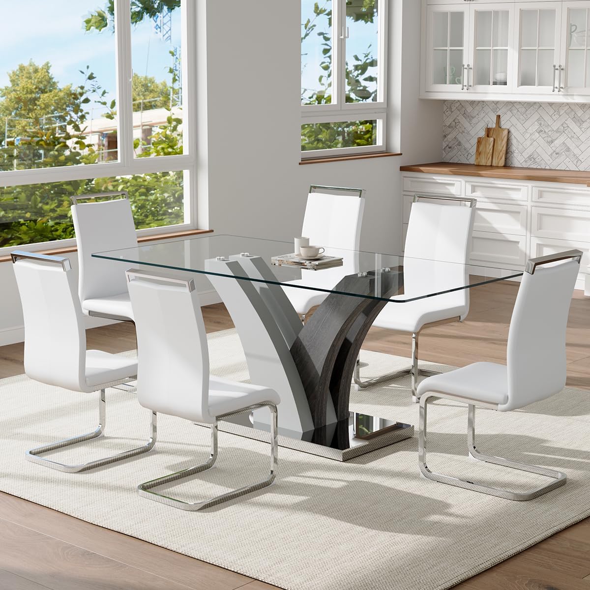 Glass Dining Table Set for 8, 71” Kitchen Table Set for 8, Large Dining Room Table Set with PU Leather Chairs, Rectangular Tempered Glass Tabletop with Stable Silver Base