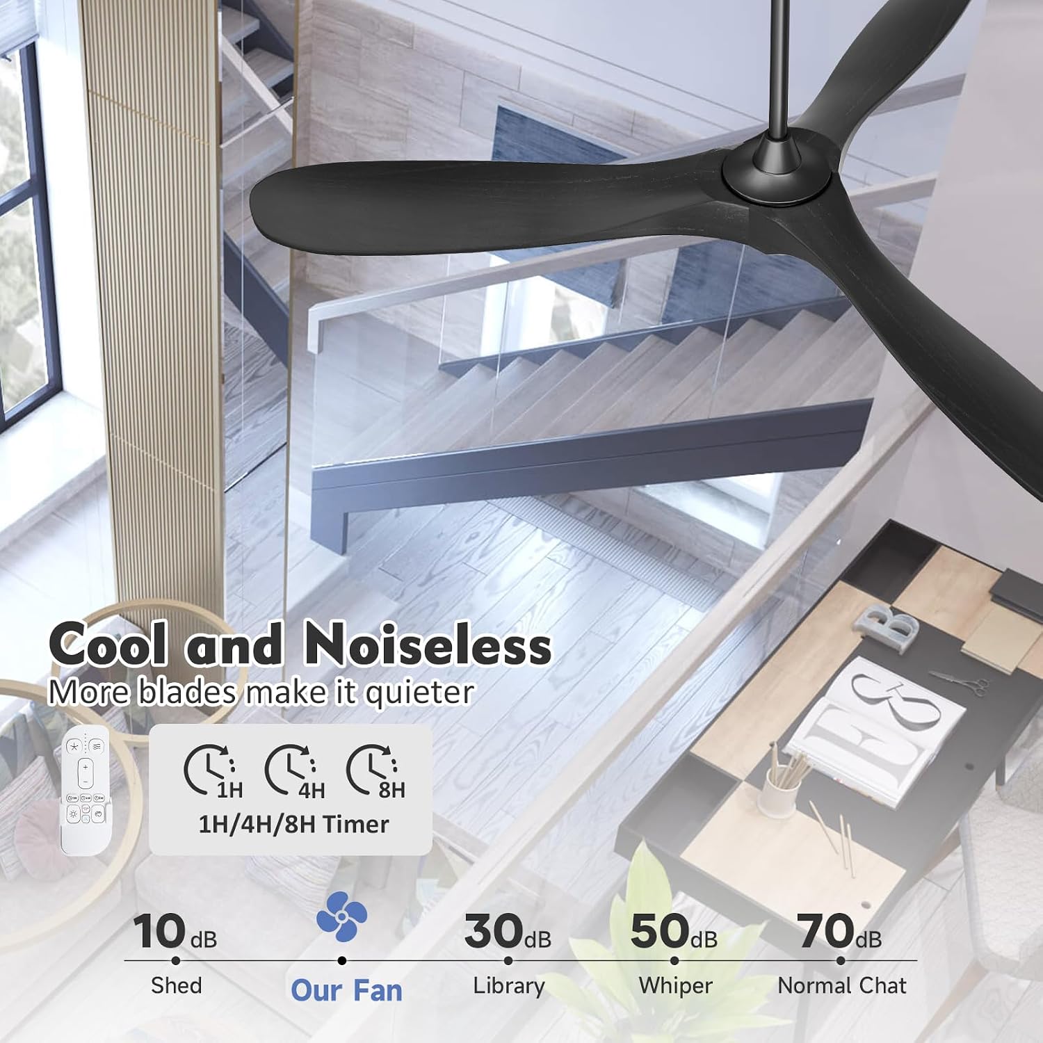 70 inch Large Outdoor Ceiling Fans with Lights, Indoor/Outdoor Black Modern Ceiling Fan with Remote, 3 Blade High Airflow Solid Wood ceiling fan for Kitchen Living Room Patio, Reversible DC Motor