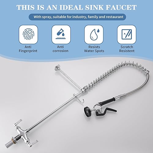 Miniatura 7 de Grifo de fregadero comercial con rociador de 39 pulgadas de altura, montaje en cubierta, un solo agujero, doble mango, resorte en espiral, rociador,