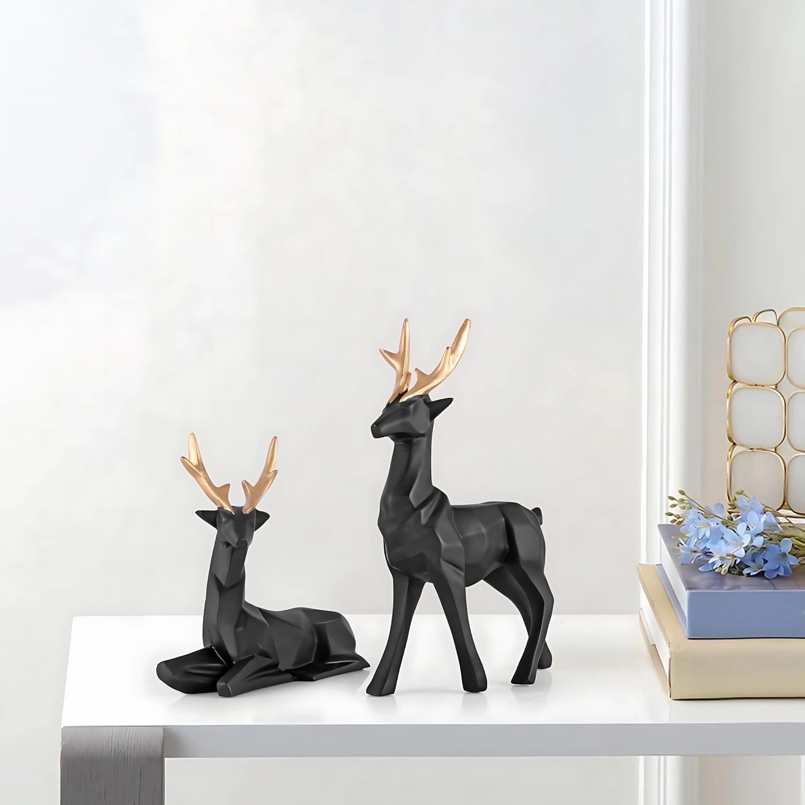 Indulge Homes® Black Matte Poly Resin 'Lucky Deer Family' Showpiece Deer Statue Figurine for Home Decor Living Room Office Home 6 Inches - Set of 2