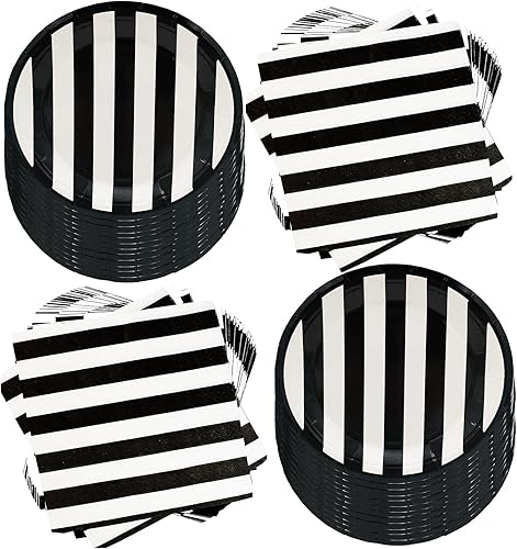Juego de 80 piezas de suministros de fiesta a rayas en blanco y negro, platos de 7 pulgadas, servilletas blancas y negras para decoración de