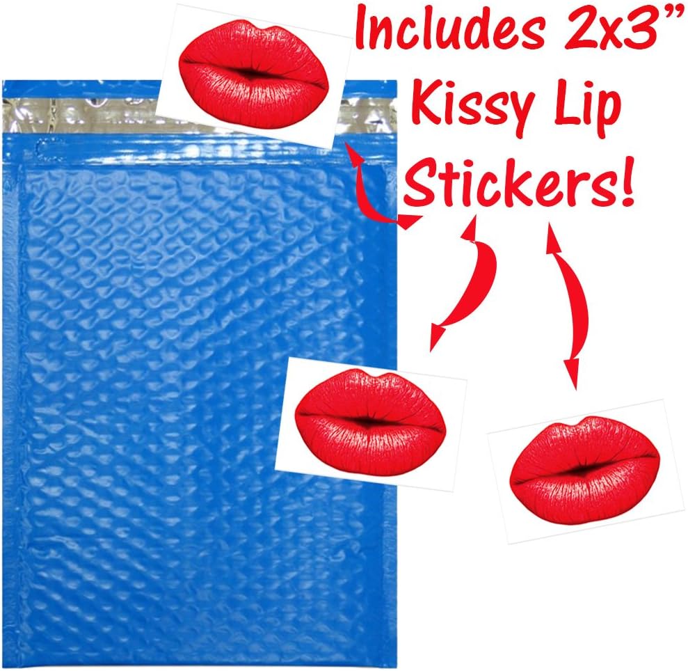 10.5 x 16" Designer Poly Bubble Mailers, Shipping Padded Envelopes, 10.5x15, Pink, Purple, Teal, Black, Orange, Blue, Yellow, Self Sealing with Custom Kissy Stickers (Ocean Blue, 60)