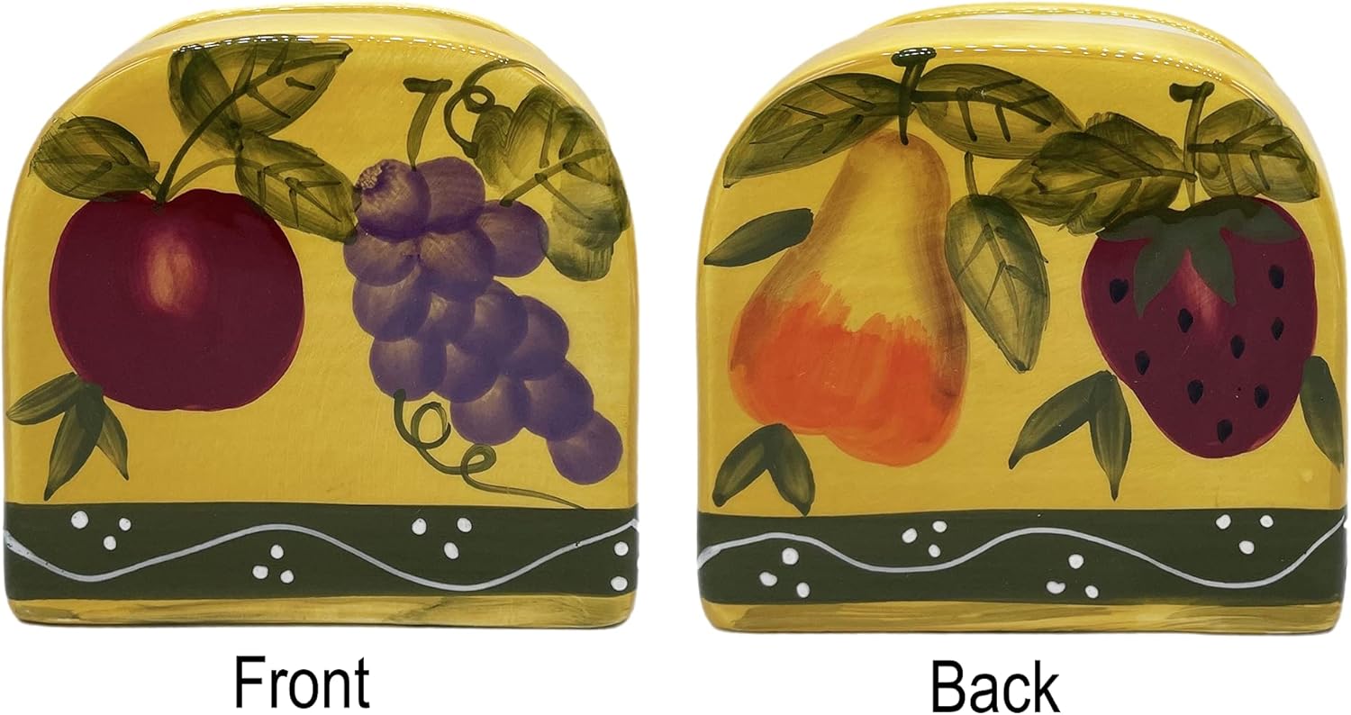 ACK Tuscany European Fruit Ceramic Hand Painted Table/Stove Top Set of 4PCS, Pepper and Salt Shakers, Napkin Holder and Spoon Rest, Kitchen Décor