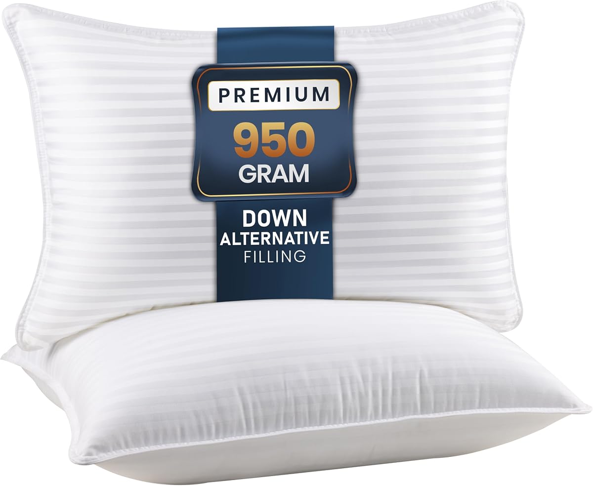 Utopia Bedding Almohadas para dormir, almohadas de tamaño estándar, juego de 2 | Almohadas alternativas de plumón, calidad refrescante de hotel, comodidad de lujo para quienes duermen boca arriba, de lado y boca abajo, Premium Stripes, White