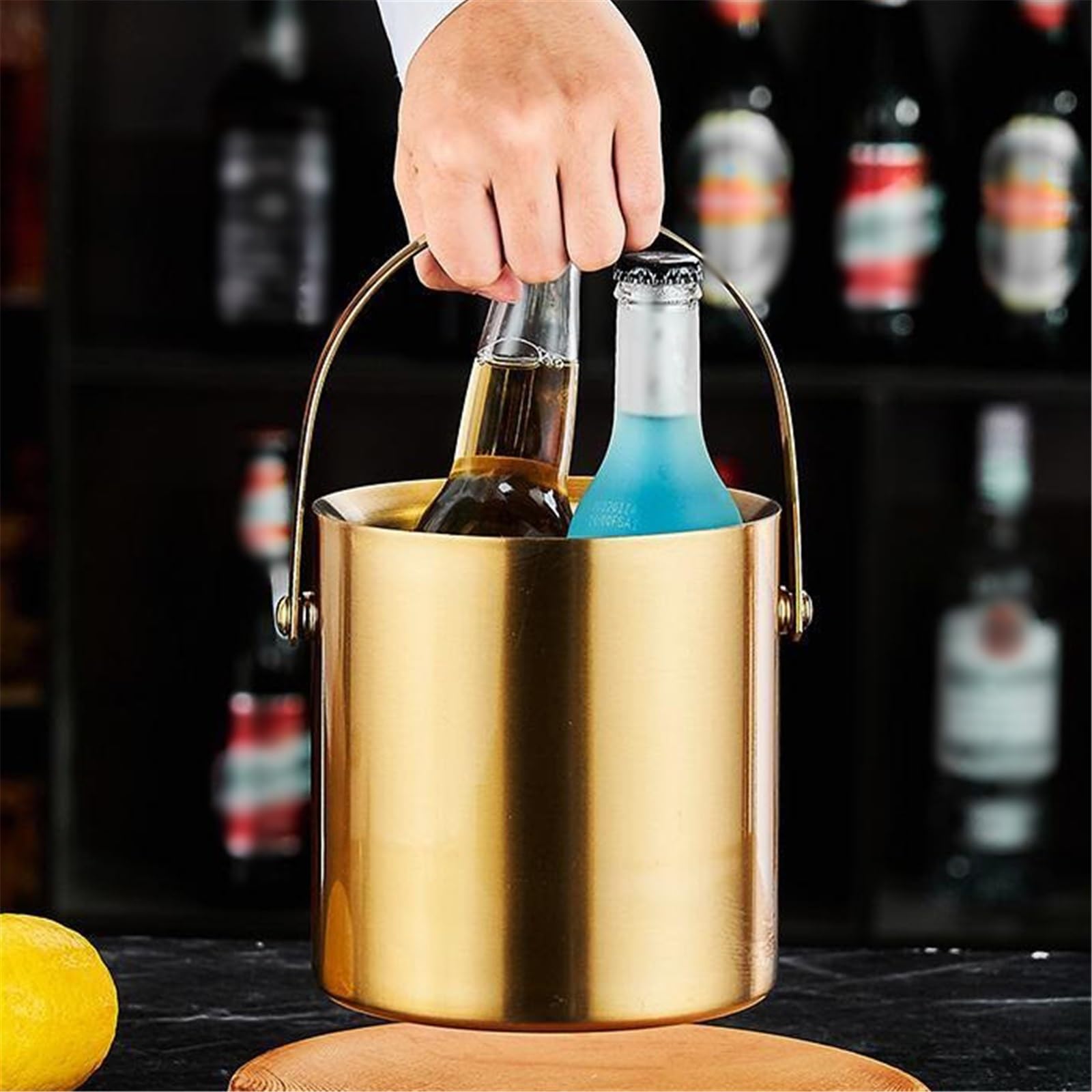 Cubo de hielo para botellas de cerveza, doble capa de acero inoxidable dorado con tapa para barras de cóctel, congeladores y accesorios de vino