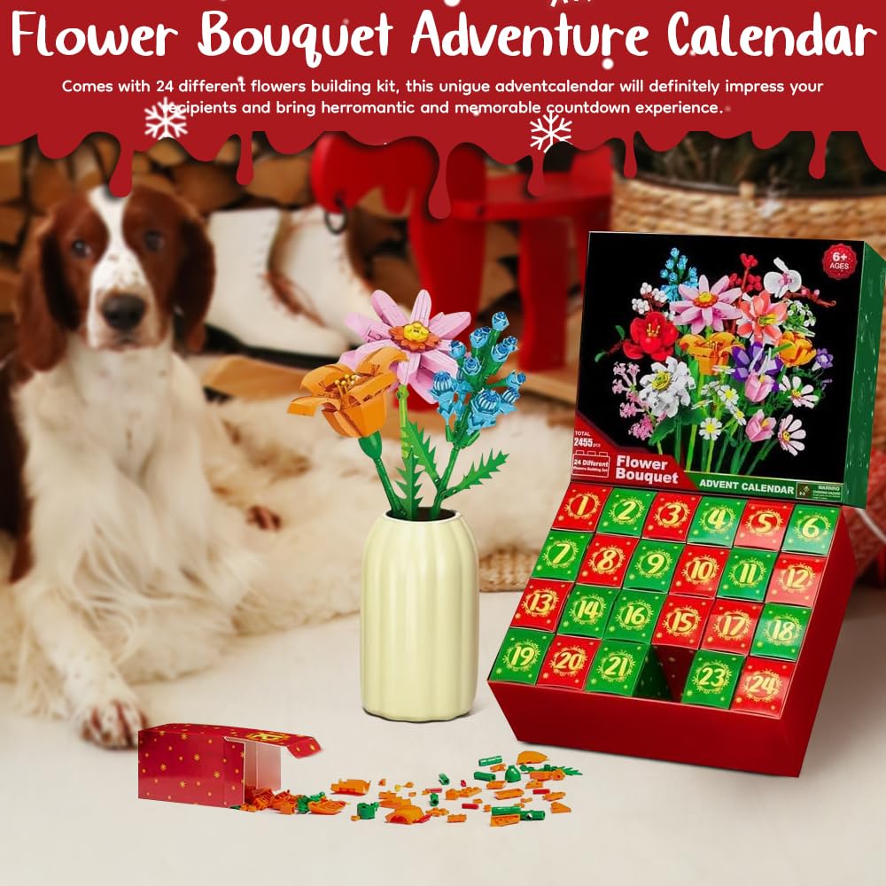 RPixc Calendario de Adviento 2024 para niños, adultos y adolescentes, ramo de bloques de construcción, calendario de cuenta regresiva de Navidad, bloques de construcción de flores silvestres, caja de — view 8